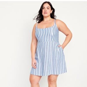 Old Navy Fit & Flare Cami Striped Blue & White Linen Blend Dress NWT